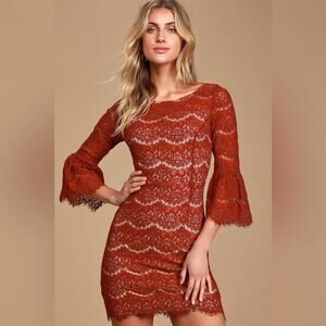 Lulus Heartthrob Rust Red Lace Flounce Sleeve Mini Dress Size Small